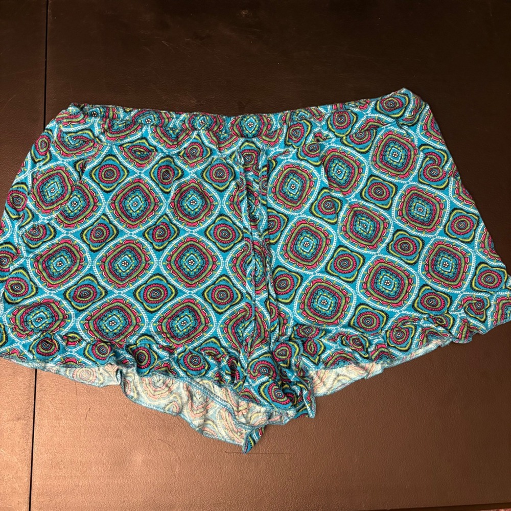 Secret Treasures Teal Pink Geometric Pajama Shorts Ruffle (Women's Large 12-14)